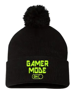 Gamer Mode On Funny Gift For Video Game Lovers Embroidered Knit Beanie Pom Cap