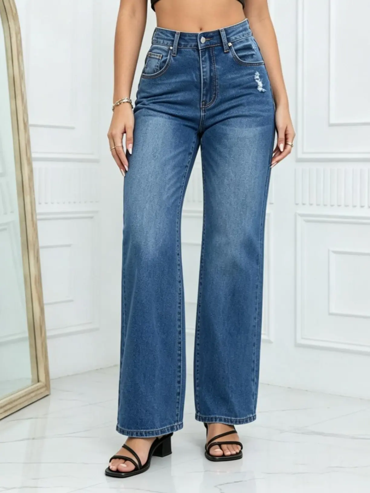 Mid Rise Gradient Faded Front Distressed Rip Full Length Slim Bootcut Flare Jeans