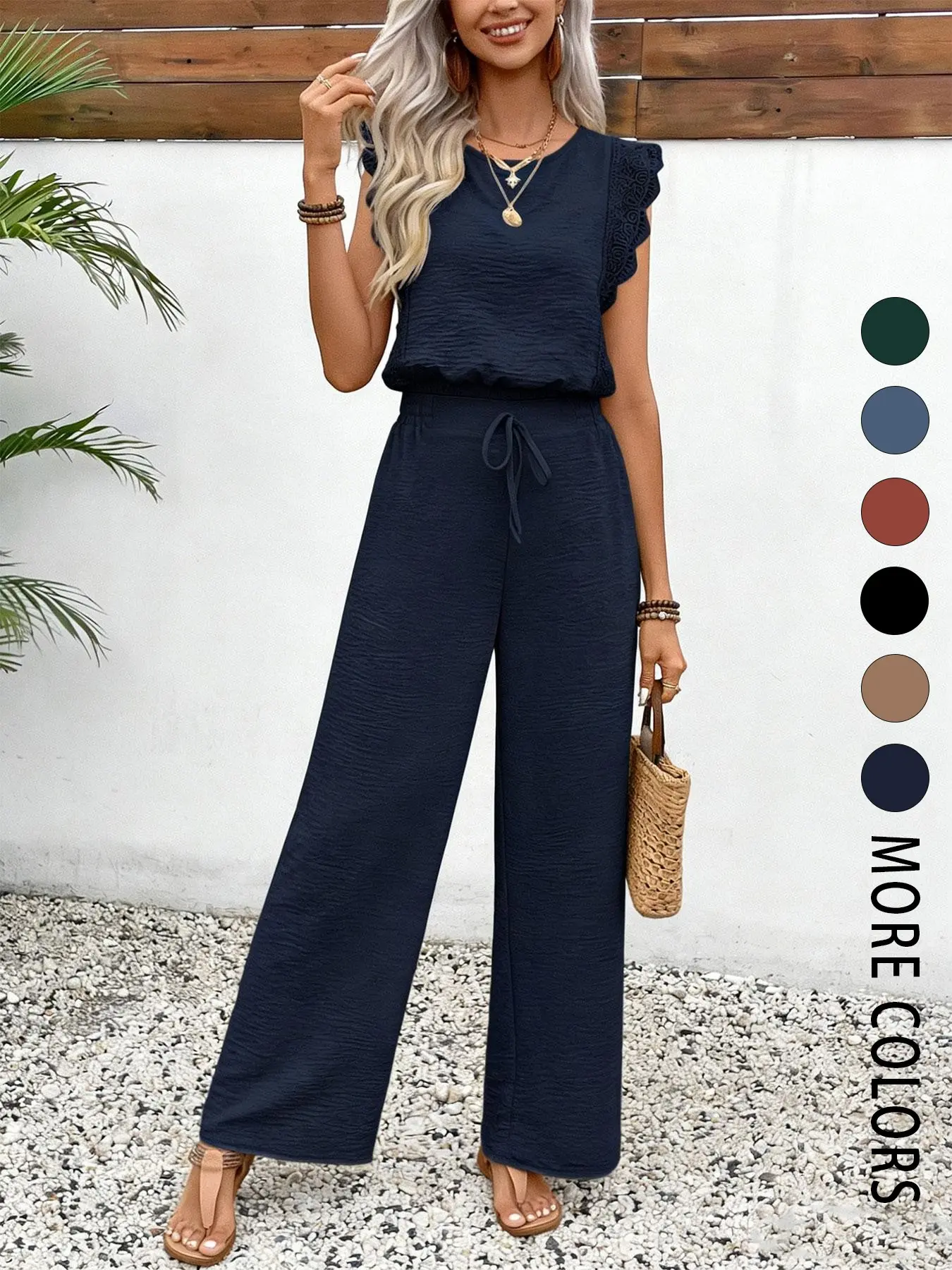 Women's 2-Piece Set, Basic Solid Color Lace Round-Neck Sleeveless Top & High-Waisted Drawstring Adjustable Wide-Leg Palazzo Pants, Casual Summer Outfit Clothes for Office, Home & Gatherings