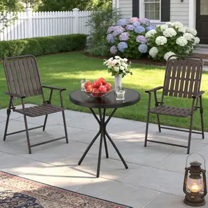 Summervibes 3-Piece Outdoor Patio Furniture Set, Foldable Powder-Coated Metal Chair & Tempered Glass Side Table - 350lb Capacity, Weather-Resistant for Balcony, Garden, Terrace, Brown
