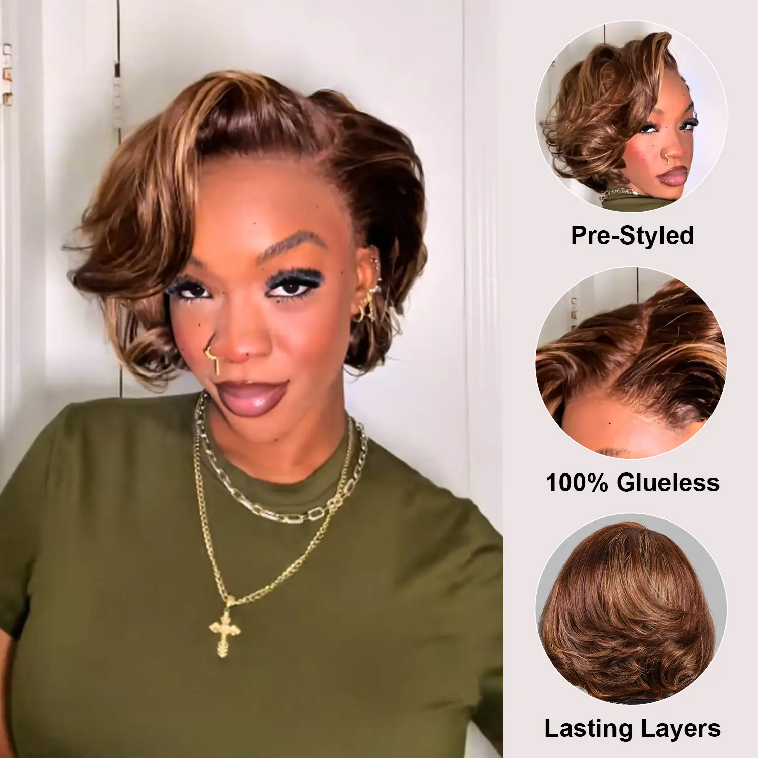 [New In] BGMgirl Brown Highlight Blowout Short Bob Straight 7x5 Lace Wear Go Wig Pre-Styled C Part Design 180% Density Pre-cut Lace Pre Plucked Hairline Glueless Human Hair Wig Fashion Look summer outfits back to school