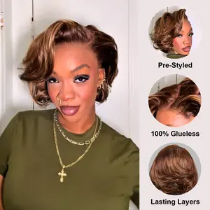 [New In] BGMgirl Brown Highlight Blowout Short Bob Straight 7x5 Lace Wear Go Wig Pre-Styled C Part Design 180% Density Pre-cut Lace Pre Plucked Hairline Glueless Human Hair Wig Fashion Look