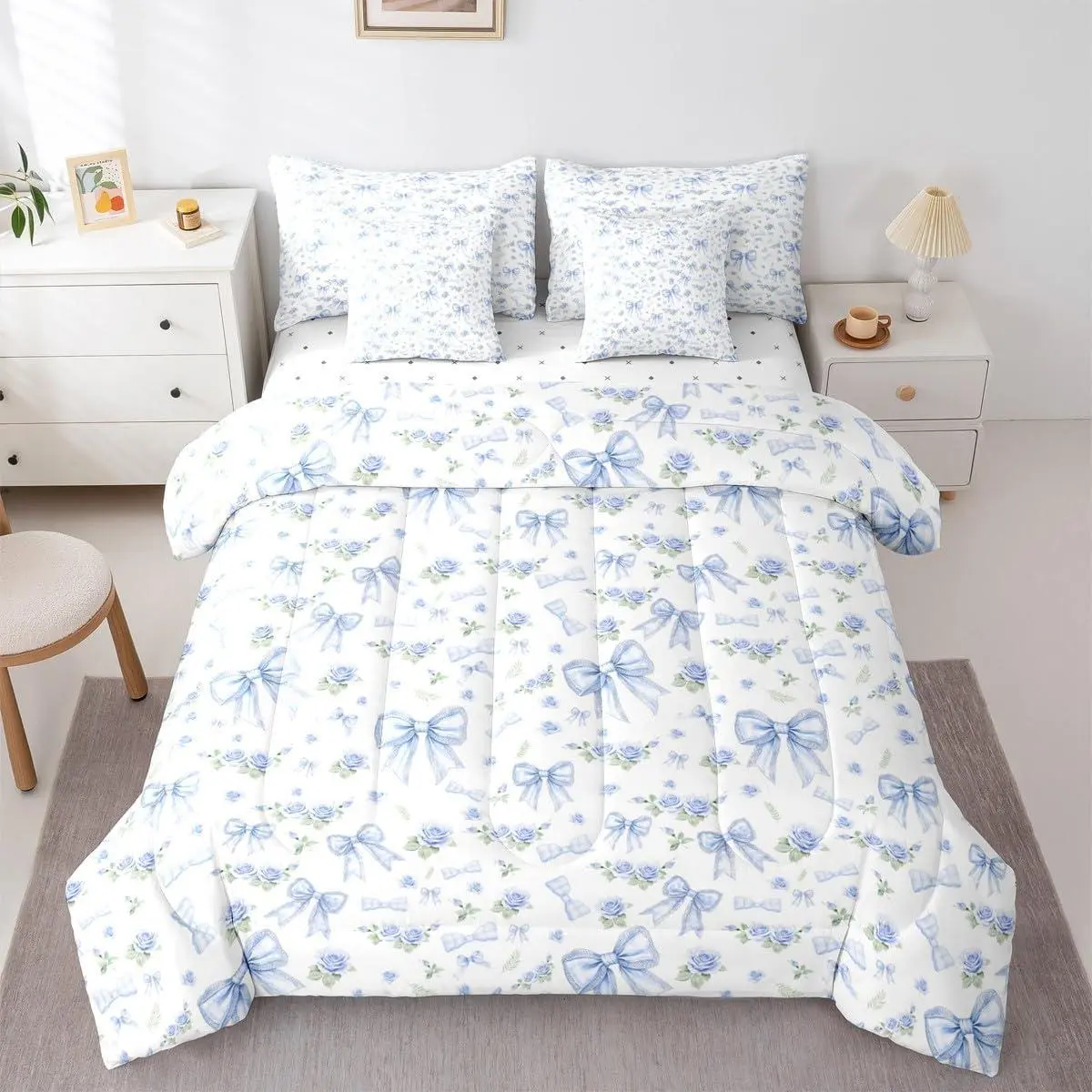 7 Piece Blue Bow Bedding Set,Toddler Kids Teen Girl Girly Rose Floral Bow Comforter Bed Set with Sheets,Preppy Bed Bag,Aesthetic Coquette Bedding Set