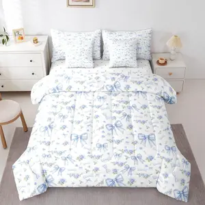 7 Piece Blue Bow Bedding Set,Toddler Kids Teen Girl Girly Rose Floral Bow Comforter Bed Set with Sheets,Preppy Bed Bag,Aesthetic Coquette Bedding Set
