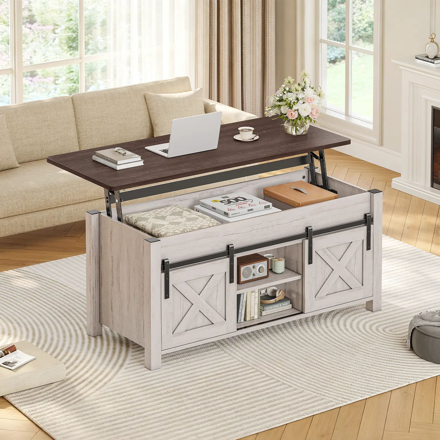 SEDETA Lift Top Coffee Table, Farmhouse Lift Tabletop Dining Table, Gas Spring, Hidden Compartment, Open Storage Shelf, for Living Room