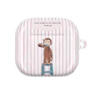 Curious George Pink Stripe AirPods Case – Cute Christian Bible Verse Aesthetic, Adorable Monkey Cover with Psalm 46:5 Quote for AirPods Pro 2 & Gen 1/2/3/4