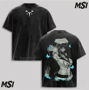 Esdeath Anime General T-Shirt Military Uniform Acid Oversized Tee, Blue Butterfly Villainess Bootleg Style, Heavyweight Fandom Apparel.