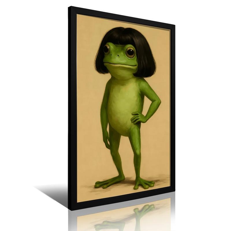 wooden frame Whimsical Frog Portrait Art With Bob Haircut (Frame)- Funny Animal Wall Art Poster Black Or Gold Framed Acrylic Wall Hanging Painting Canvas Painting Wall Painting Canvas Poster Decorative Painting Hallway Home Decoration