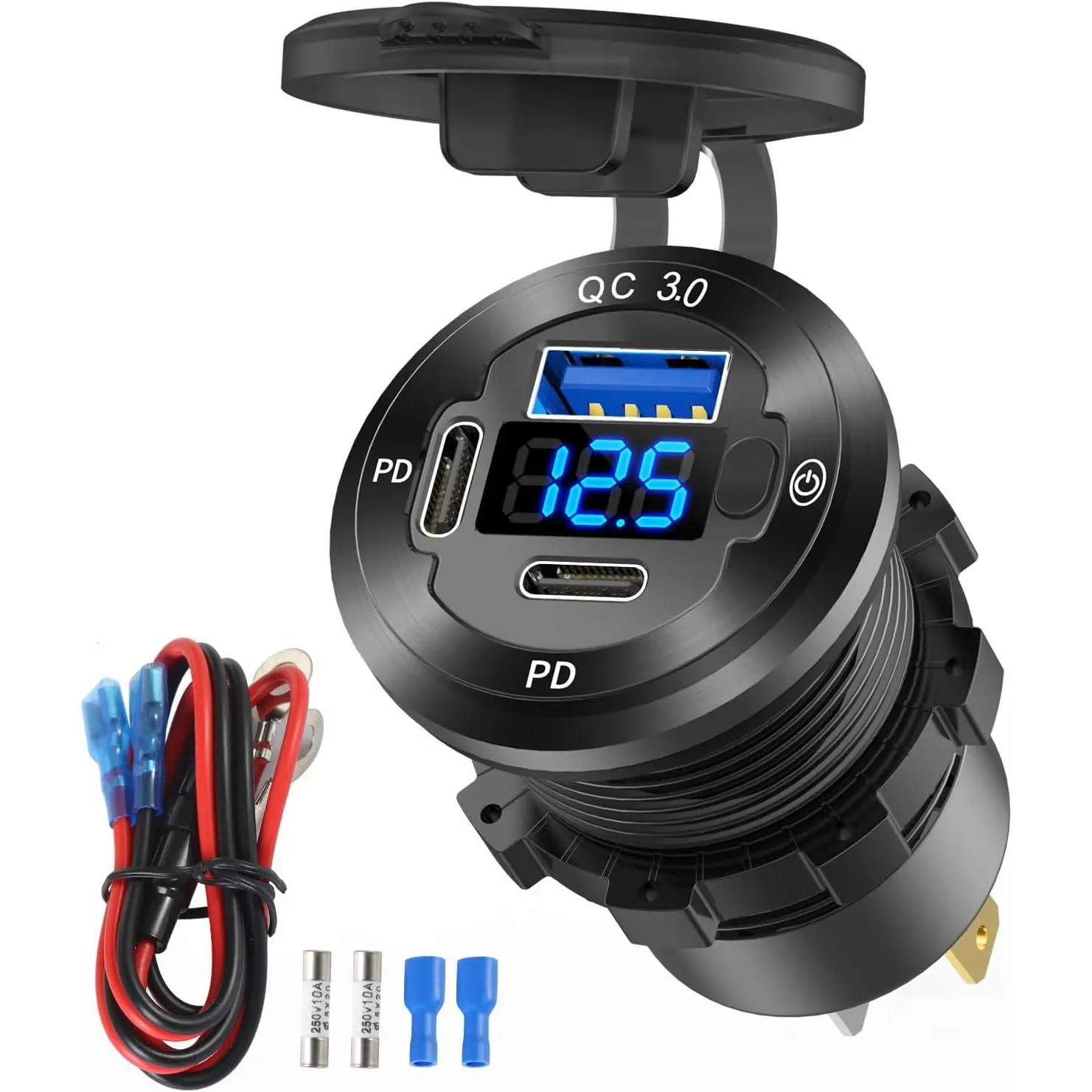 12V USB Outlet 3 Port  Charger Socket, 78W Dual PD USB C 30W and Quick Charge3.0 Port  Charger  with Voltmeter and Button  for Boat Marine  RV  Golf Cart, etc