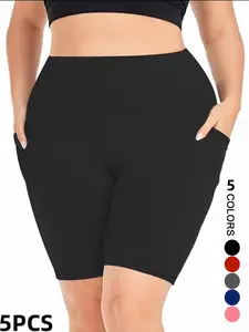 5PCS Women's High-Waisted, Solid Color, Cycling,,,, Daily Casual & Shopping, Machine Washable, 5-Inch Cycling Shorts for Women Dual Cell Phone Pockets Tight-Fitting Yoga Pants Running Gym Fitness Massage Body Shaping Trendy Cycling