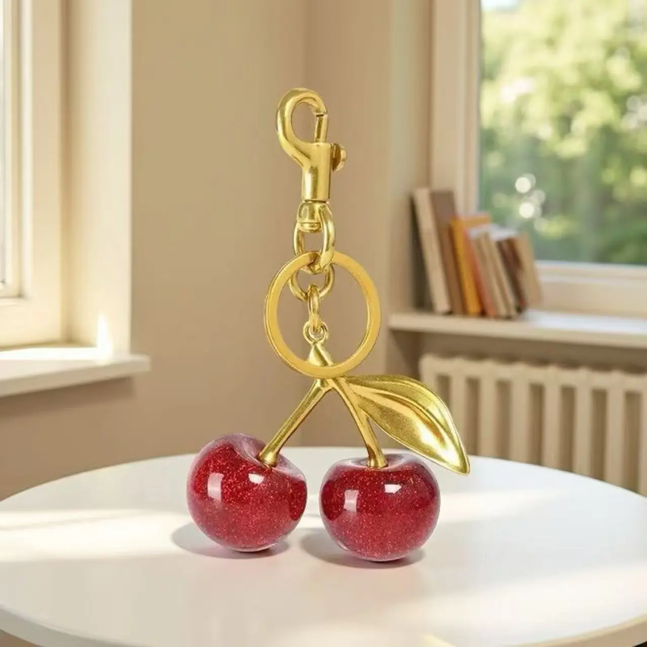 Cherry keychain bag decoration - golden tone - red shiny cherries - suitable for handbags - multi-functional and fun