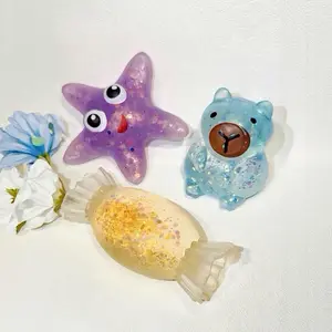 Starfish, Capybara, Candy, Cat Paw, Cat Face, Palm, Bear, Seashell, Duck, Tortoise，Non-Blind Box Fixed Style Set, Only Colors Random, Glitter Squishy Stress Relief Toy
