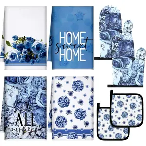 8 Pcs Blue Rose Kitchen Towels and Dishcloths Sets Oven Mitts and Pot Holders Sets Absorbent Kitchen Gloves Potholders Heat Resistant for Chef Baking Cooking Bakeware Classic