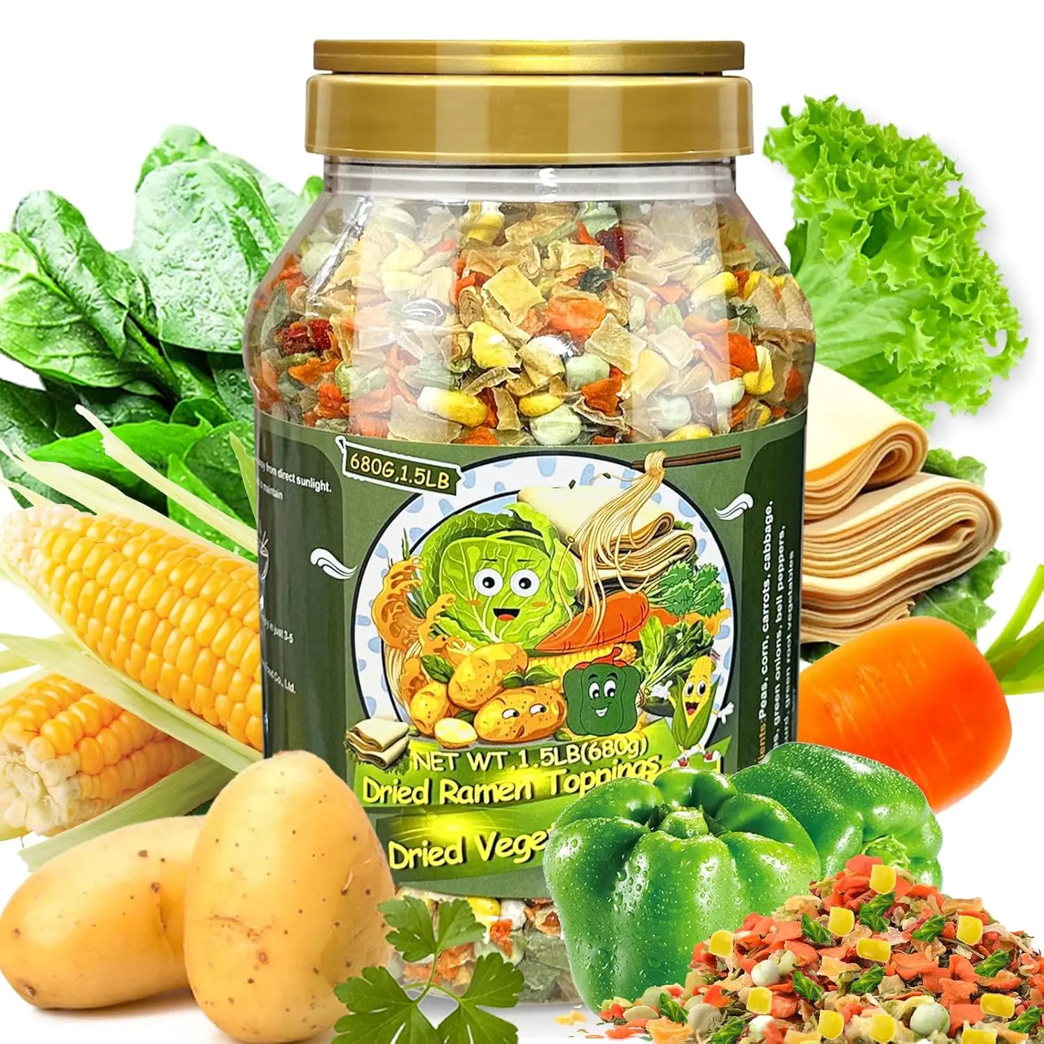24Oz Mixed Ramen Toppings Dehydrated Soup, All Natural Vegetable, 9 Freeze Dried Veggies for Noodles, Soups, Camping, and Emergency Food, Dry Vegetable Flakes, No Additives Corn Carrot