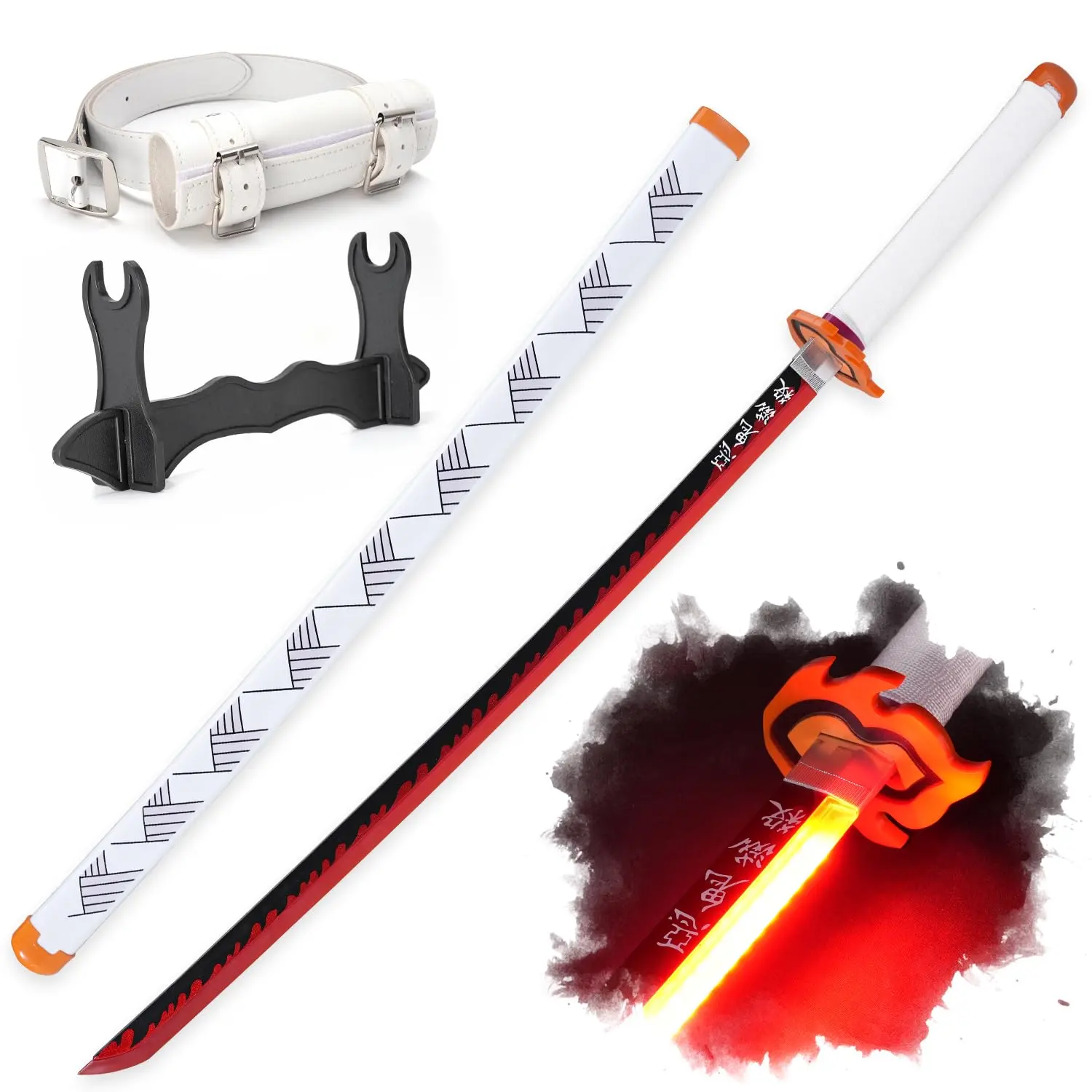 ELERVINO 41-in Plastic Light Up Sword, Demon Slayer Rengoku Kyoujurou Anime LED Cosplay Sword (1.1 lb) with White Belt Holder & Stand Display, for 12+ Years Halloween Props, Collection Decoration
