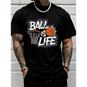 180gBasketball Graphic T-Shirt for Men and Women, Unisex Casual Short Sleeve Tee with Hoop and Ball Print, Comfortable Everyday Streetwear Top for Sports Lovers, Gym, Travel and Gift Idea