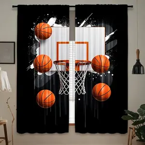 2pcs Basketball-Themed Half-Blackout Curtains in and Colors, Pole Pocket Design for Bedrooms and Offices, Sports Fan Decor, Window Curtain