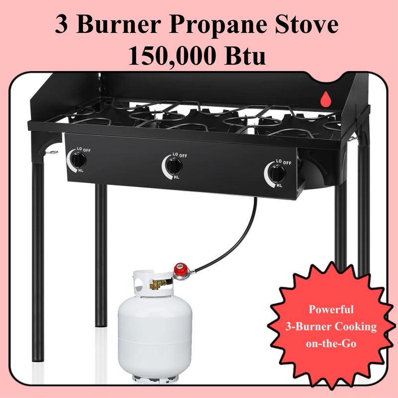 3 Burner Outdoor Propane Gas Stove with Regulator, Windpanel & Carrying Bag, 150,000 BTU Powerful Stand Cooker for Backyard Cooking Camping Home Brewing Canning Turkey Frying
