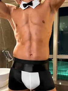 Men's Waiter Costume Set, Colorblock Bodycon Briefs, Nightclub Cosplay Sexy Uniform Shorts Bow Tie Set Underwear