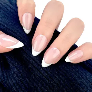 Simple Nude + French Tip Press-On Nails Glossy Fake Nails 30pcs Short Almond Shape Reusable & Polishing Strip 1pc & Jelly Glue 1pc