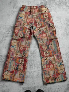 American Vintage Washed Multi-Pocket Camouflage Work Pants, Unisex Summer Loose Straight Leg, Casual Streetwear, Heavy Fabric, Spring & Fall