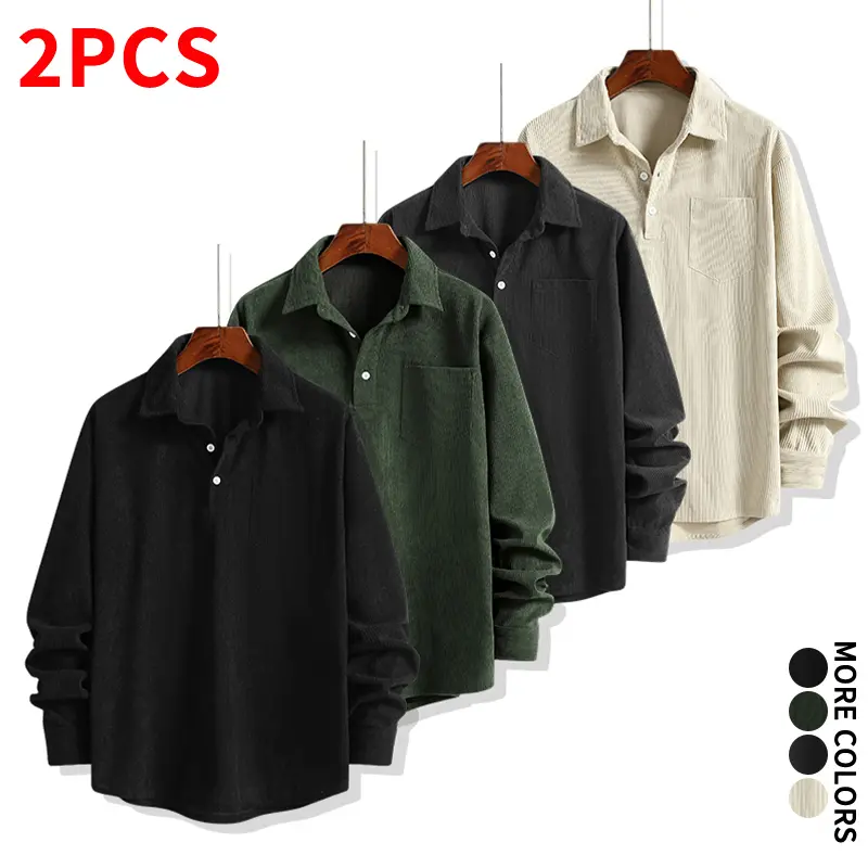 Two-piece set featuring a textured half-button placket shirt in multiple colors, made from fine, soft fabric—an everyday casual top suitable for commuting and replacements.