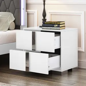 Night Stand with 2 Drawers, Wood Nightstand Mirrored Metal Legs Bedside End Table for Bedroom, Dorm, White
