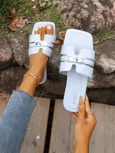 Minimalist Fashion Sandals, H-Shape with Silver Color Buckle, Perfect for Streetwear and Office Wear, PU Leather, Rubber Sole