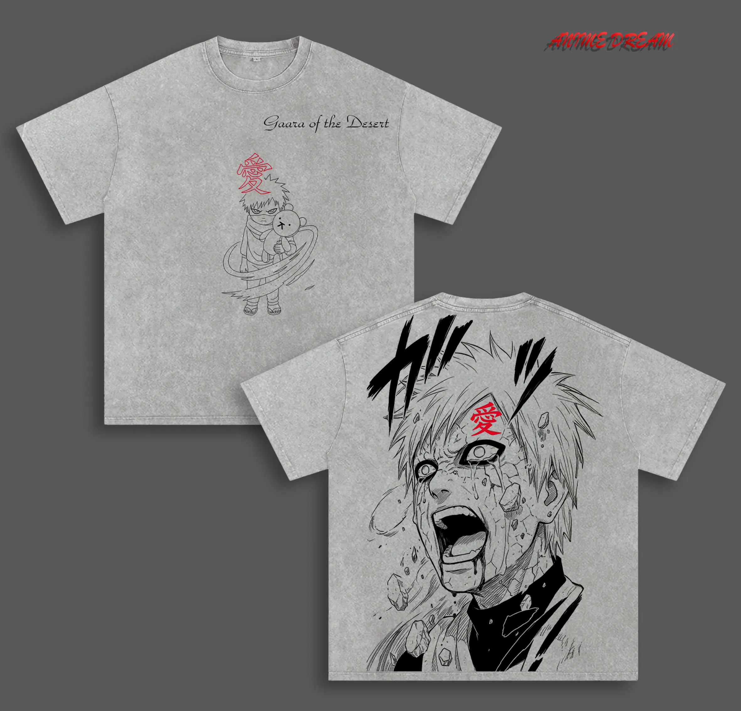 Gaara of the Desert Anime Double Printed Vintage Washed Tee Unisex Oversize Anime Manga Washed Heavyweight Cotton T-shirt