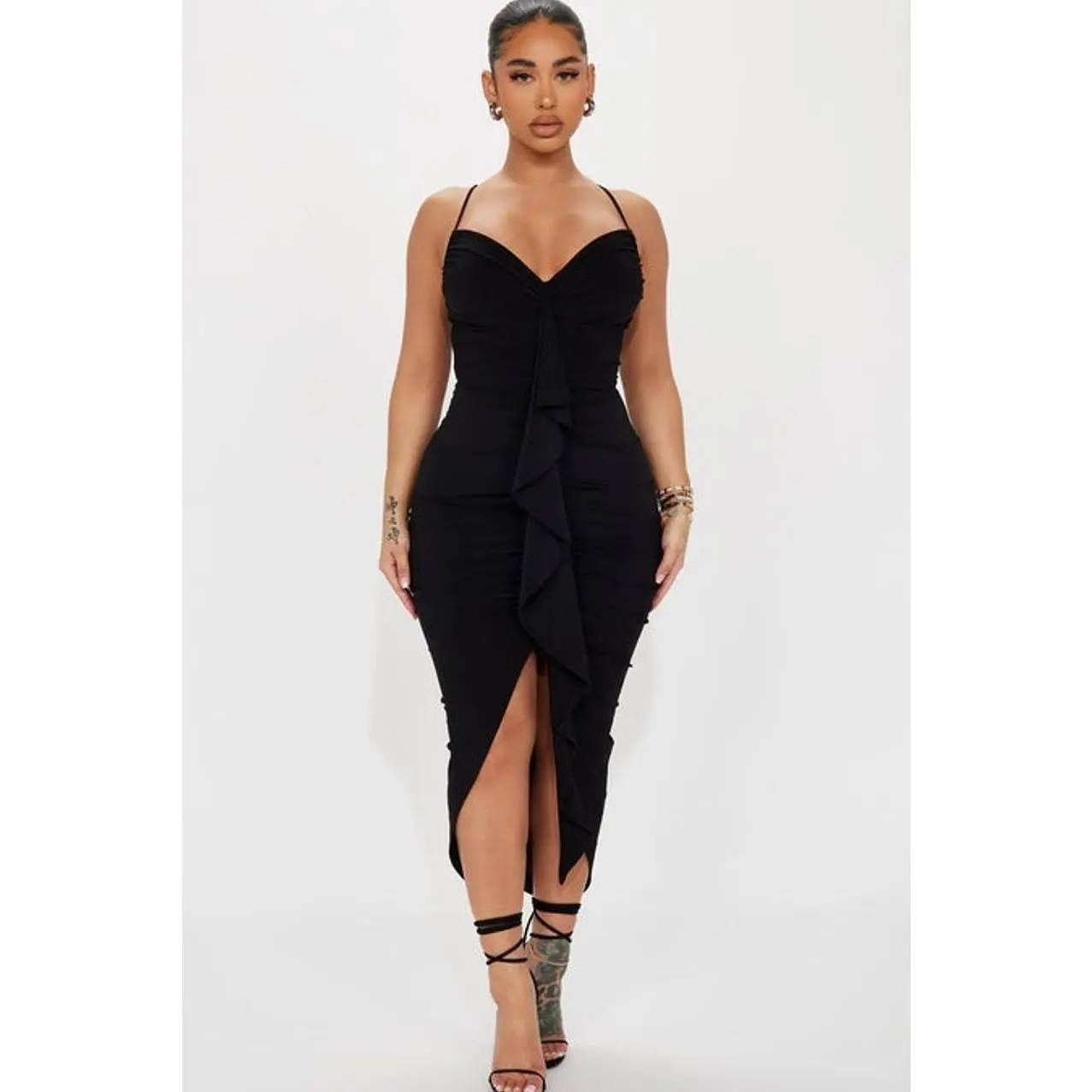 Women's Casual Gloria Midi Dress - Black, Sleeveless, Ruched, Adjustable, Spandex-Polyester Blend, Spaghetti