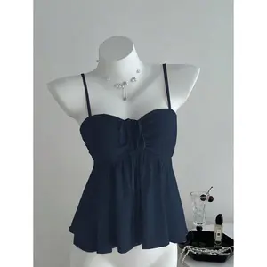 Ladies' Cute Solid Color Ruffle Fabric Camisole, Summer Clothing for University Fit Sleeve