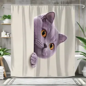 1/4 piece milk cute purple cat probe shower curtain set, waterproof shower curtain with 12 hooks, non-slip bathroom carpet, toilet U-shaped cushion, toilet seat cover cushion, bathroom decoration, bathroom shower curtain set, perfect moving gift.