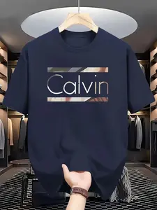 Gradual Metal Feel Calvin Letter T-Shirt, Luxurious Simple Style Short Sleeve, Casual Men's Clothing for Daily Wear