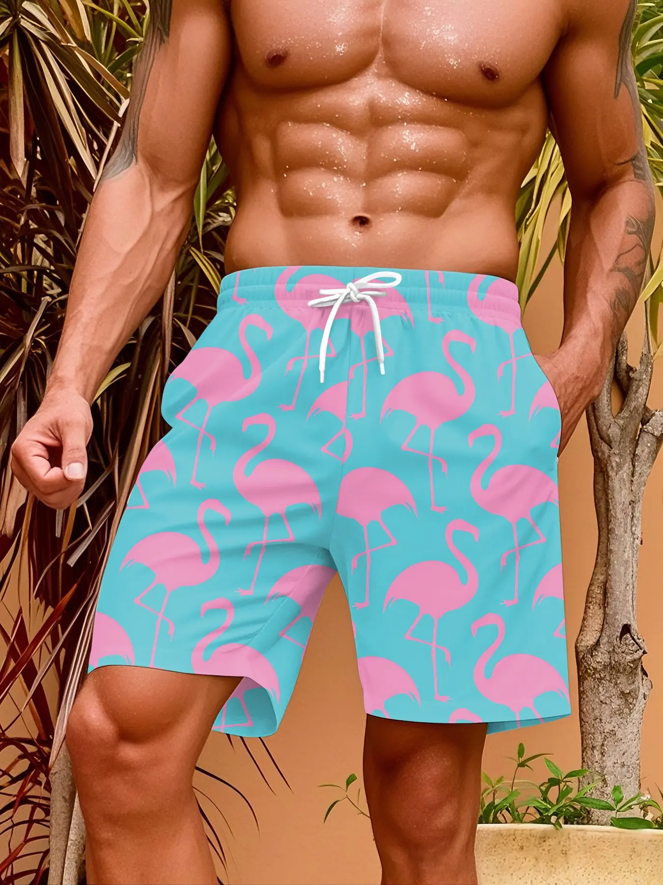 Men's 3D digital printed light blue flamingo beach shorts, lightweight beach shorts suitable for surfing, swimming, fitness, vacation and sports, comfortable, stylish and versatile, a must-have for summer and an ideal gift for men