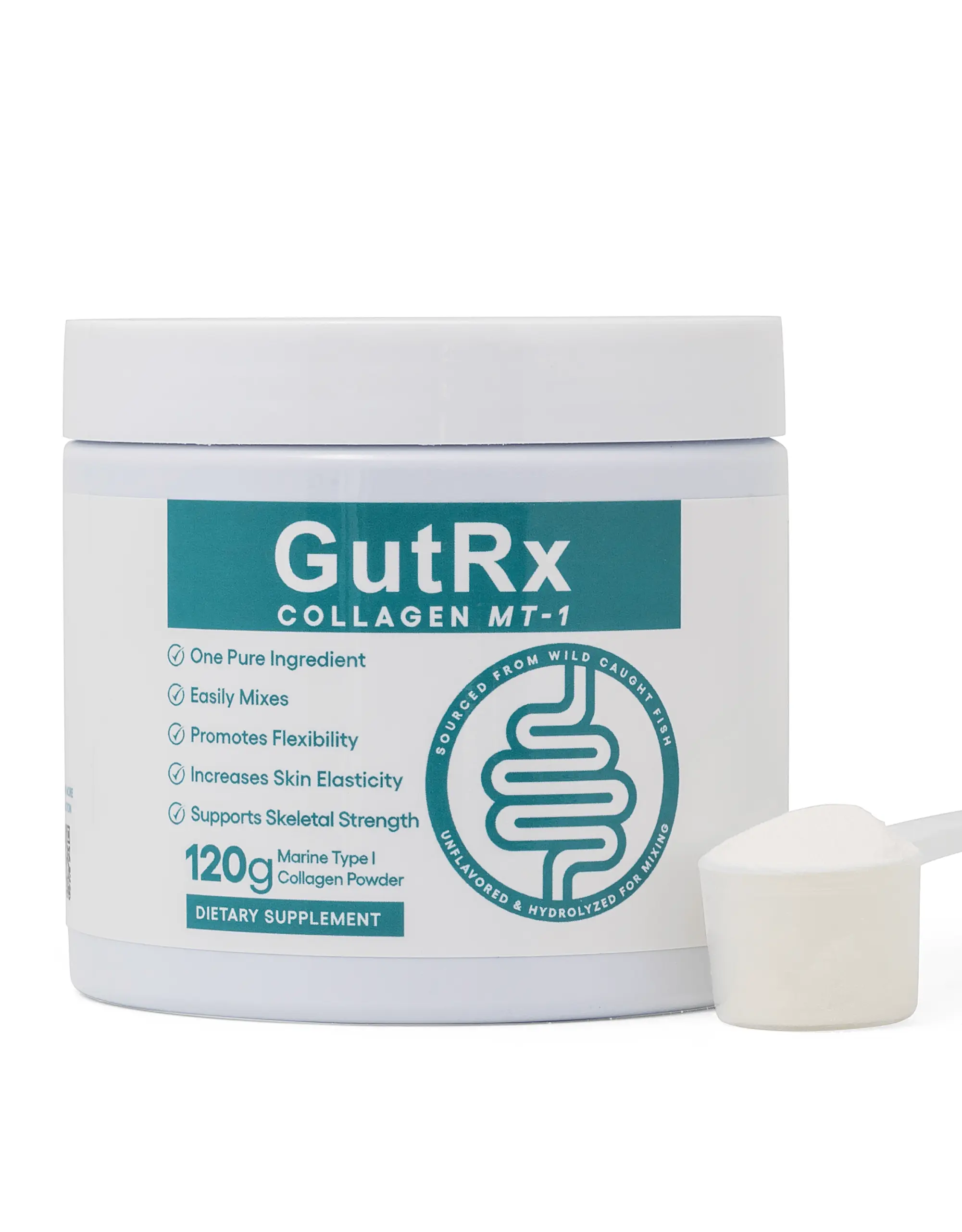 GutRx Collagen MT-1 – Pure Type I Marine Collagen Powder for Skin Elasticity, Joint Flexibility & Structural Support, Hydrolyzed, Zero Sugar, Mixes Easily, Non-GMO, GMP-Certified, 120g (30 Servings)