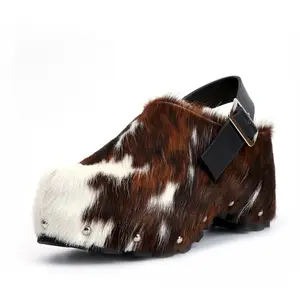 Luxury Platform Clog & Mules - Designer Calf Hair & Wool-Lined Fur Sandals with Adjustable Strap