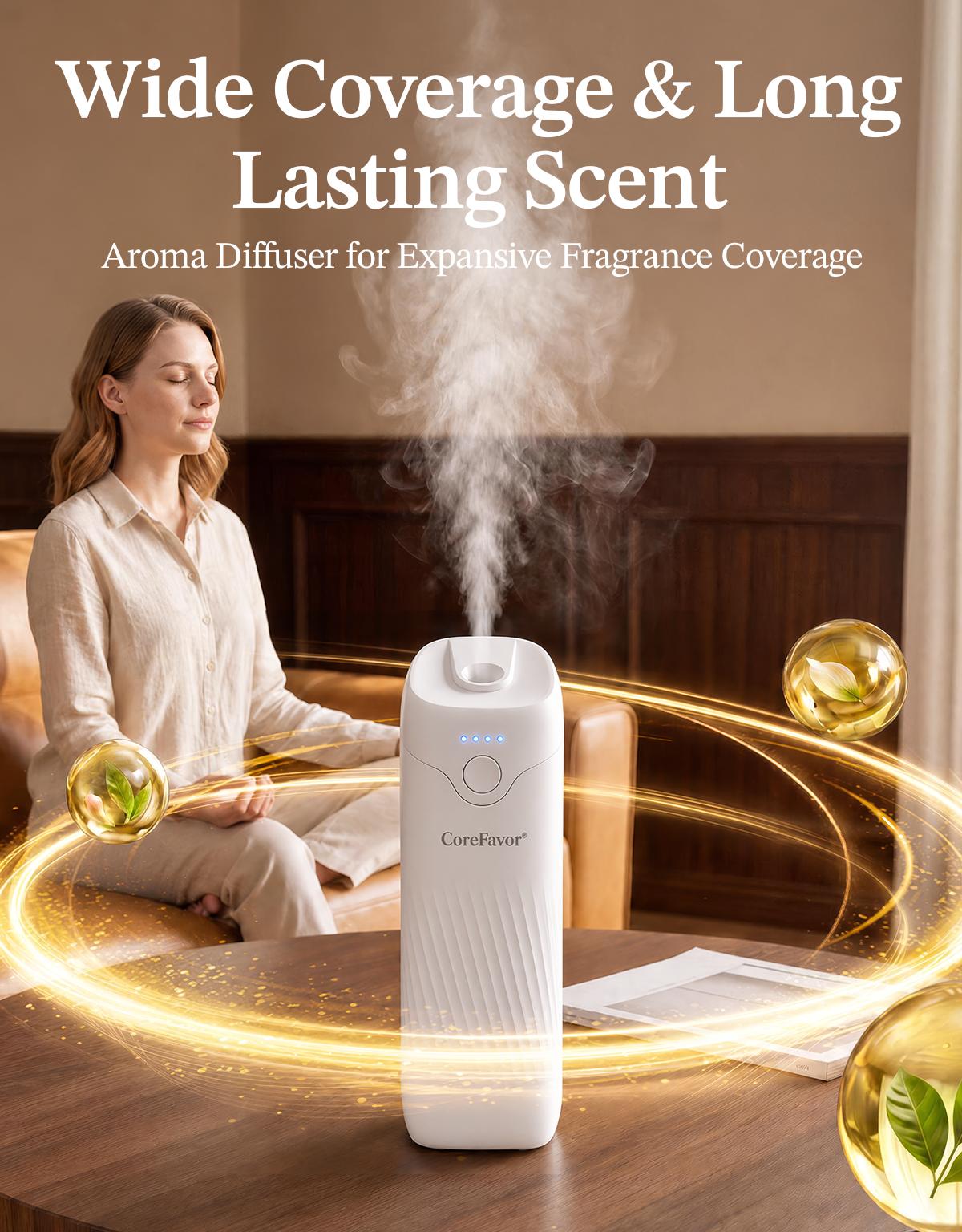 CoreFavor Waterless Essential Oil Diffuser - 120ml Cordless Compact Form Portable Unit, USB Rechargeable Batteries, Wall Mount, 4 Adjustable Fragrance Levels, Quiet Small Footprint Humidifier for Bathroom, Bedroom, 0.12L