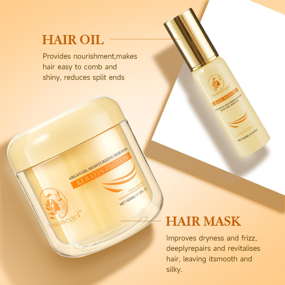 Aomimegel Collagen Hair Mask & Argan Oil Set, Deep Repair Treatment for Dry Damaged Hair, Hydrating & Strengthening with Collagen, Smooth & Shine Care, 500ml + 60