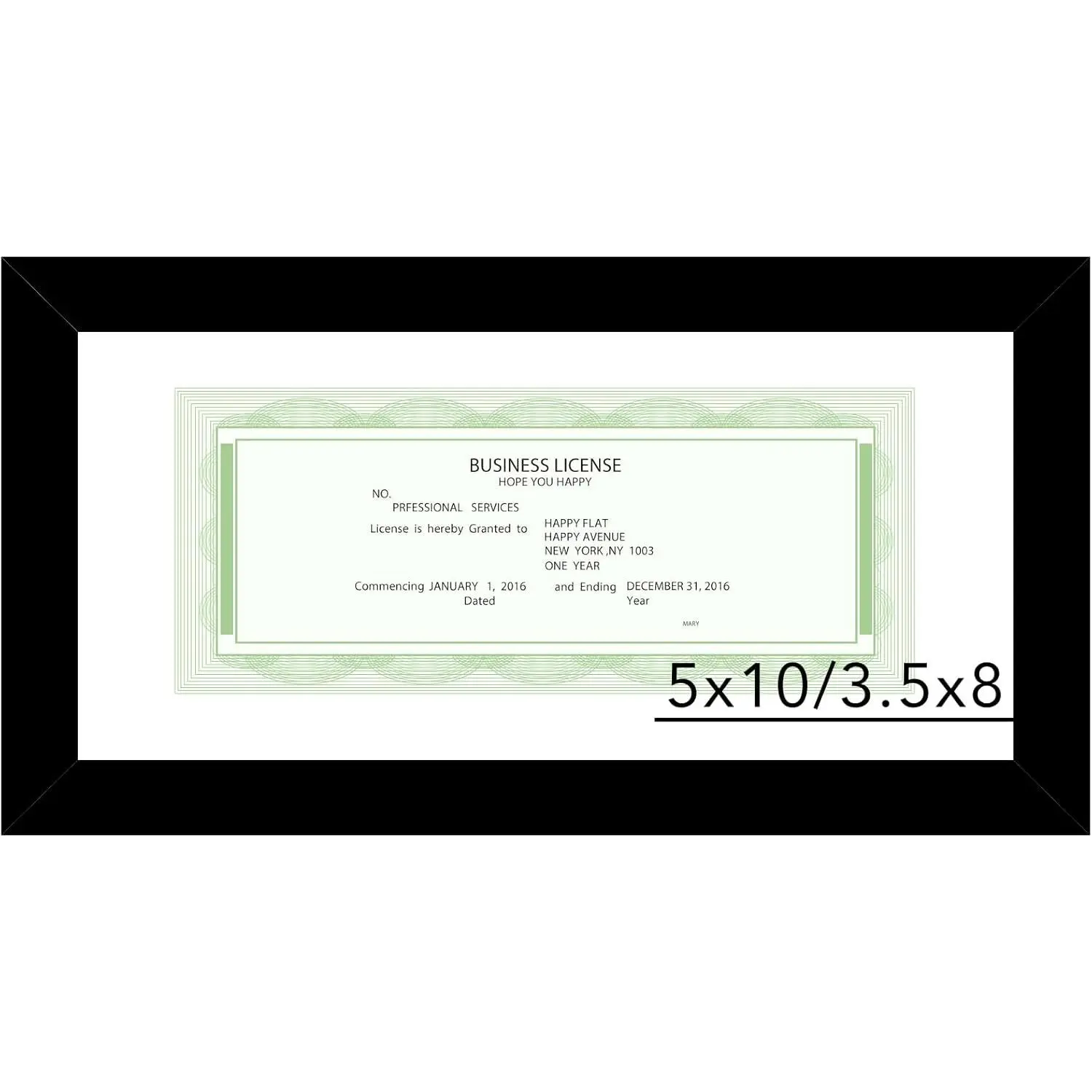 5x10 Business License Frame Black for 3.5x8 Standard Business License with Mat or 5 x 10 Picture without Mat, 5x10 Frame with Shatter Resistant Plexiglass for Wall  or Tabletop, Black