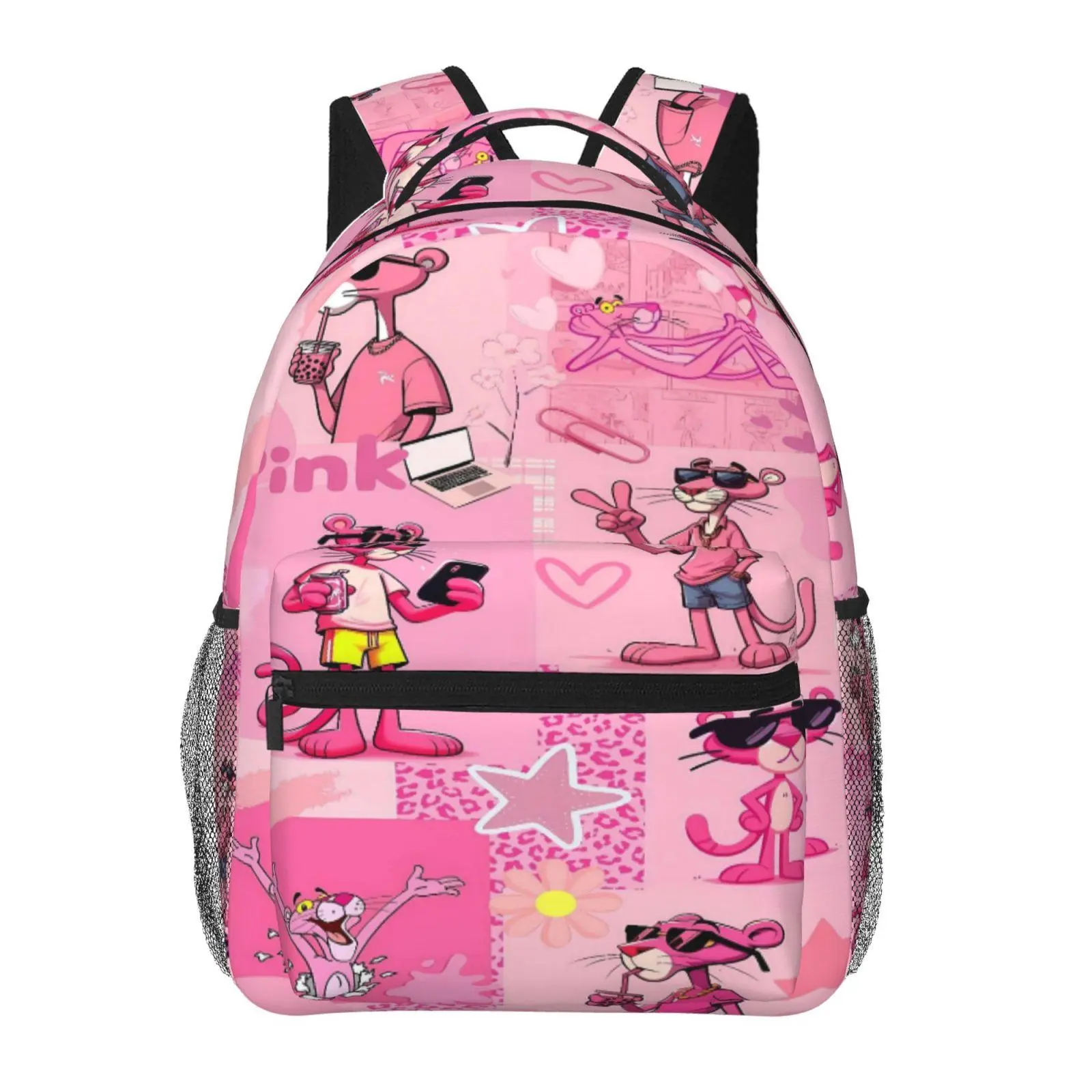 Cute Pink Panther backpacks for school—large-capacity laptop daypacks with exquisite prints, durable casual pink panther bookbags for campus daily commutes; a gift for teen students.