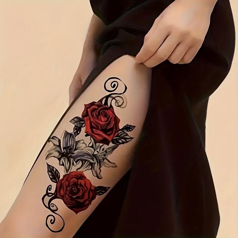 6 Temporary Stickers with 3 Items & 3 Random Designs Colorful Rose Watercolor Line Waterproof Practical Tattoo Sticker, Disposable for Boys And Girls, Men And Women, Lasting 3-7 Days