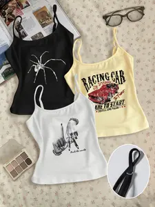 Women's Tight-Fitting Navel Cut Out Tank Top, Spider & Car Pattern Print, Slim Fit Short Design, Casual Summer Wear, 3 Piece Set