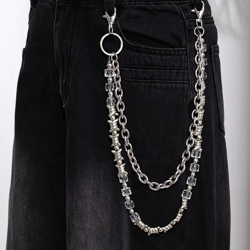 Unisex 304L Stainless Steel Double-Layer Waist Chain Punk Lobster Clasps Chunky Chain Hip Hop Cuban Wallet Chains Beads Key Chain Retro Chic Waist Chain for Denim, Cargo Pants, Concerts, Festivals, Travel Long Chain