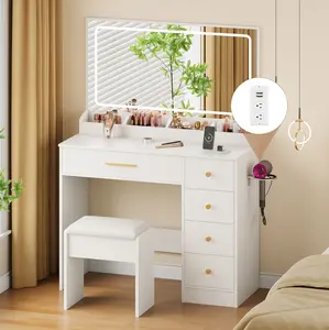 36" W Vanity Desk with Power Outlet, Makeup Vanity with Mirror and Lights, 3 Lighting Modes, Vanity Table with Chair for Bedroom, Dressing Room Studio, White