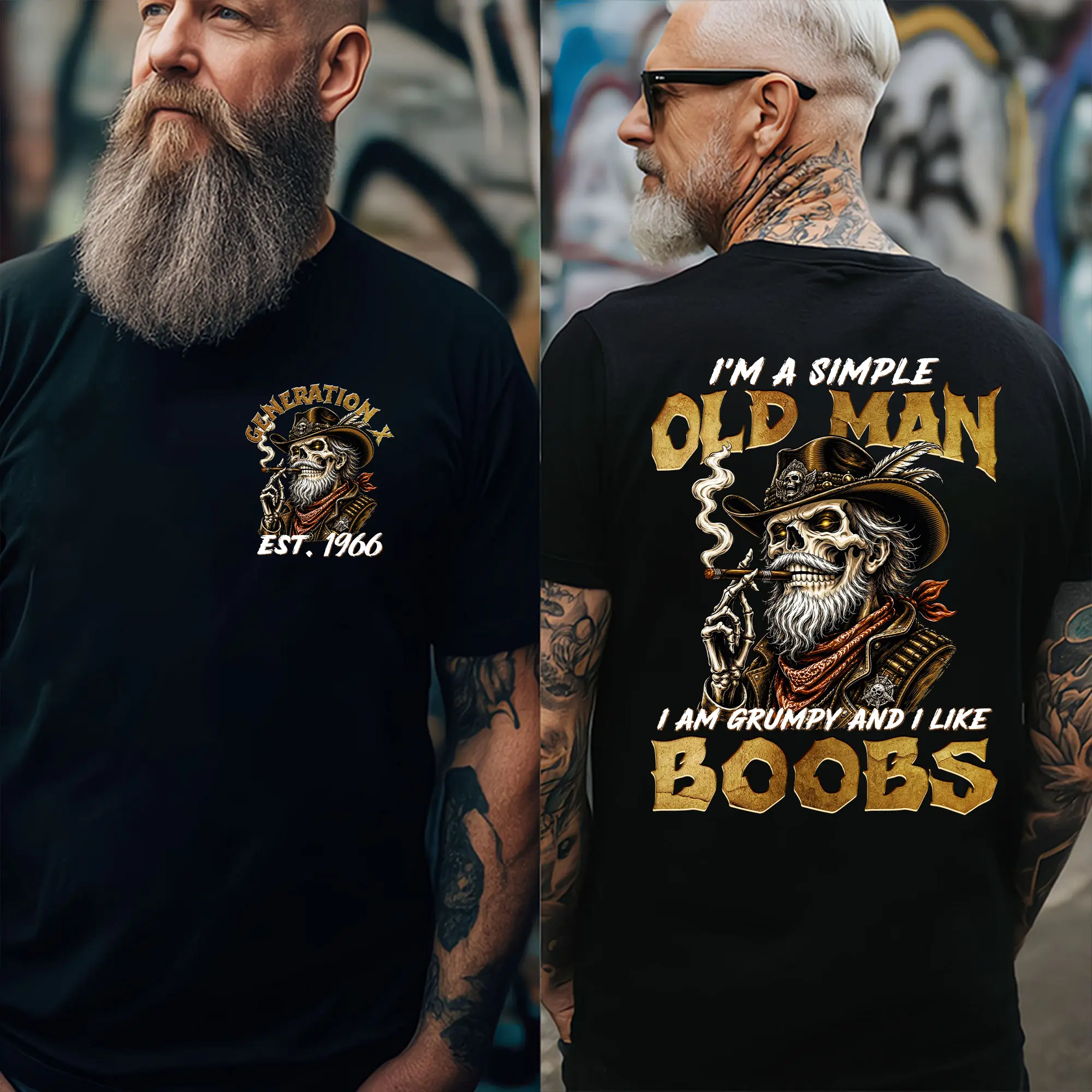 Personalization Year Gen X T Shirt, Men’s Funny Old Man T-Shirt – I’m a Simple Old Man, I’m Grumpy and I Like Boobs Vintage Skeleton Cowboy Tee,
