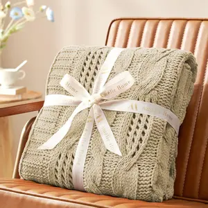 Cable Chunky Knitted Chenille Throw Blanket, Beige-Amelie Home