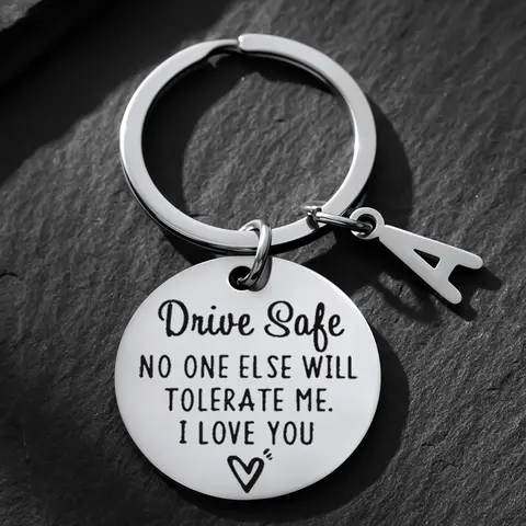 Unisex Elegant Classic Metal Drive Safe Keychain - Stainless Steel Chain, Engraved Meaningful Quote, C Letter Charm, Customized Fashion Accessory, Car Accessory, Birthday Gift for Him