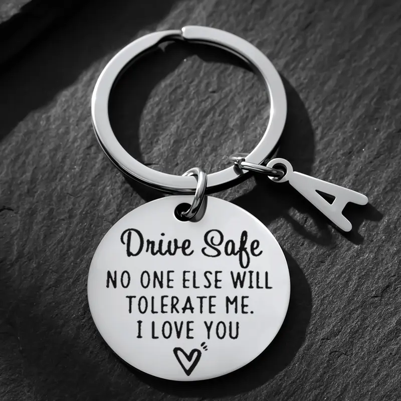 Unisex Elegant Classic Metal Drive Safe Keychain - Stainless Steel Chain, Engraved Meaningful Quote, C Letter Charm, Customized Fashion Accessory, Car Accessory, Birthday Gift for Him
