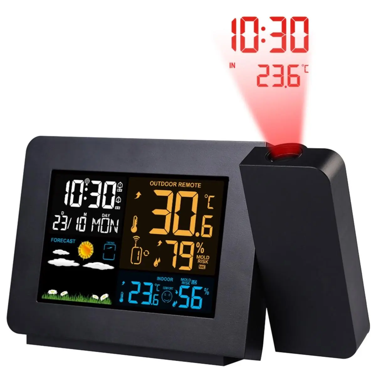 Fresh Fab Finds FFF-GPCT3535 Wireless Weather Station with Atomic Projection Alarm Clock, Dual Alarms, Outdoor Sensor, 0.95 lb, 197ft Range, 4.33in/4.53in LED Screen (Temperature Measuring Instrument for Tools & Hardware)