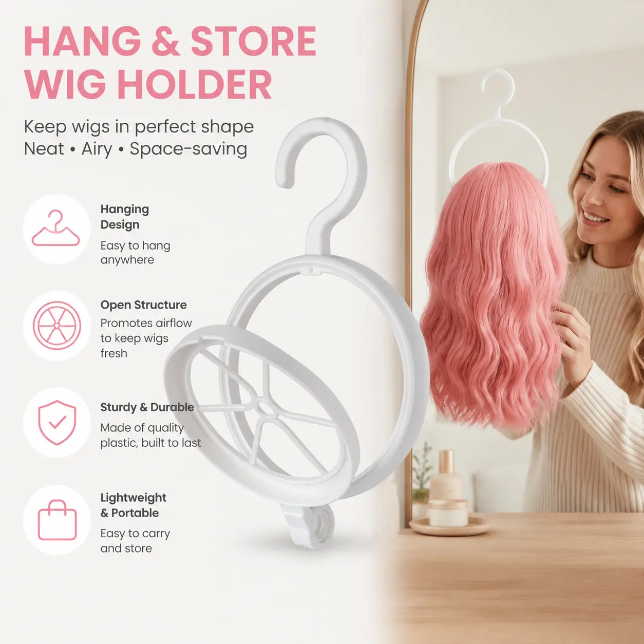 White Plastic Hanging Wig Hanger - 1 Count Adjustable Lightweight Compact Wig Organiser, Stackable Storage Holder for Closet Space Saving & Household Organization, Wig Storage